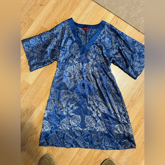 Monsoon 100% silk blue silver boho baggy v neck casual women’s dress size 6 - Picture 1 of 8